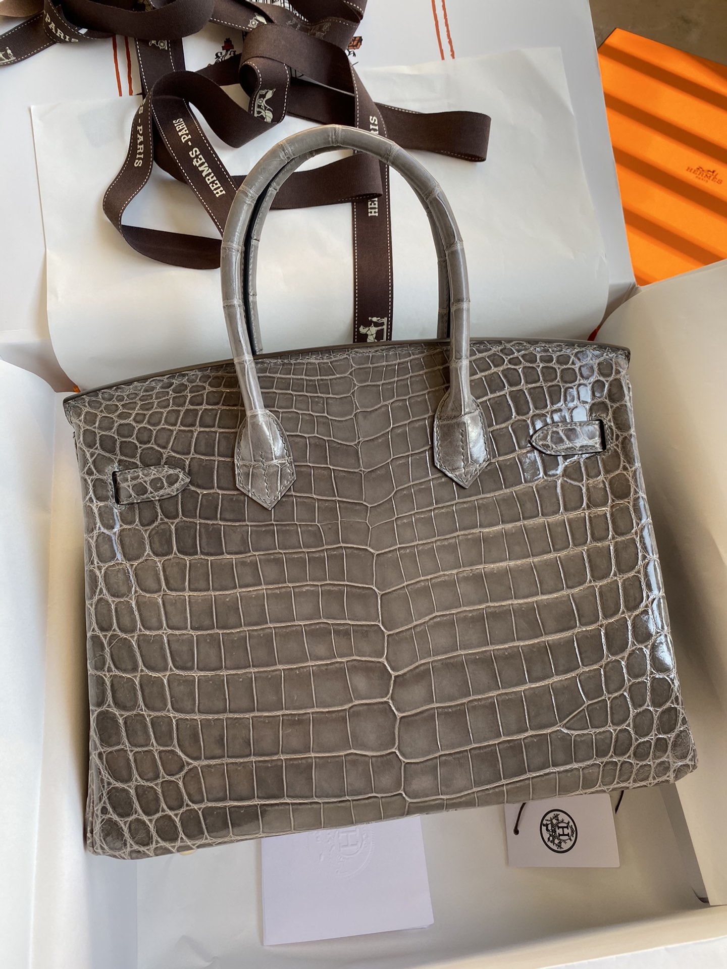 Hermes Birkin 30CM Handmade Bag In Etoupe Crocodile Niloticus Shiny Skin